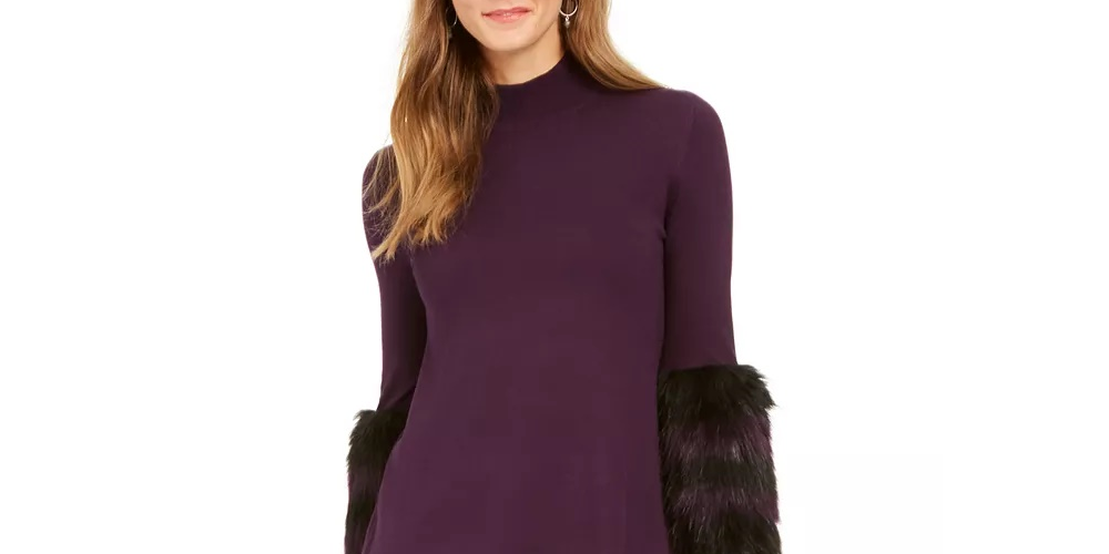 Alfani Women's Faux Fur Trim Sweater Purple Size PXL