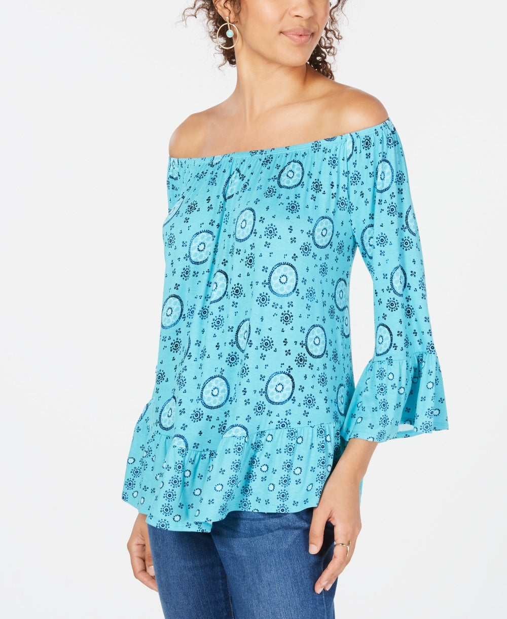 Style & Co Women's Petite Printed Off-The-Shoulder Top Blue Size