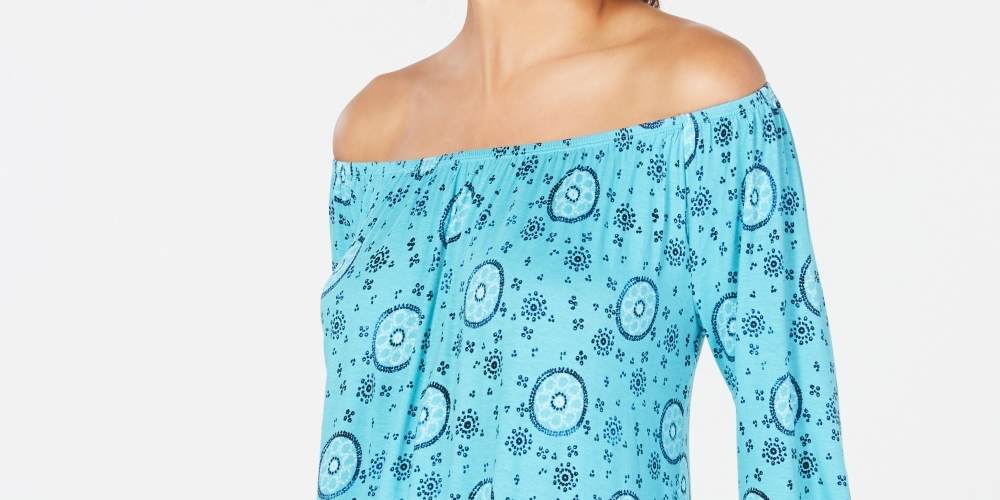Style & Co Women's Petite Printed Off-The-Shoulder Top Blue Size