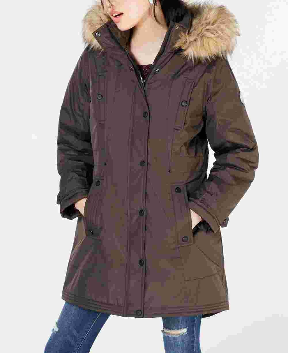 Madden Girl Juniors Women's Faux Fur Trim Hooded Parka Jacket Olive Small Green Size Small
