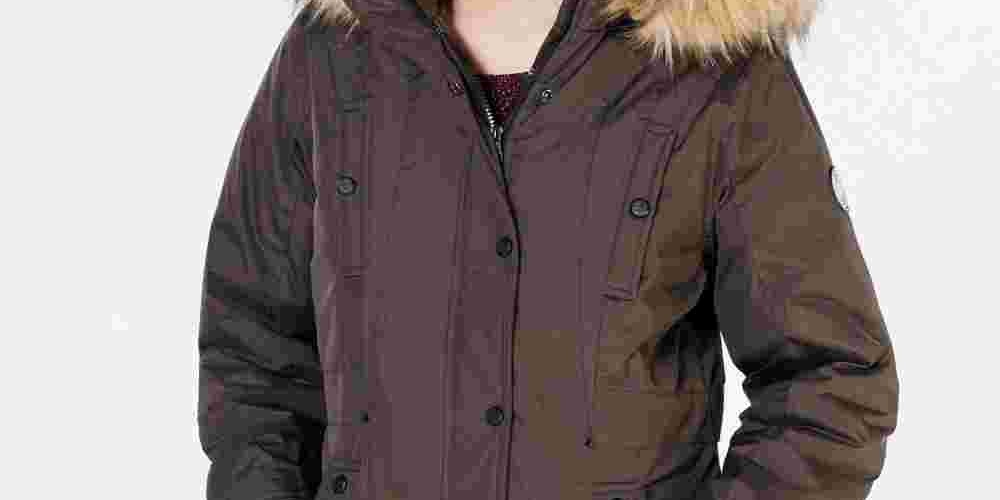 Madden Girl Juniors Women's Faux Fur Trim Hooded Parka Jacket Olive Small Green Size Small