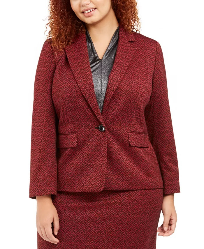 Nine West Women's Plus Size One-Button Jacquard Blazer Wine Size 18W