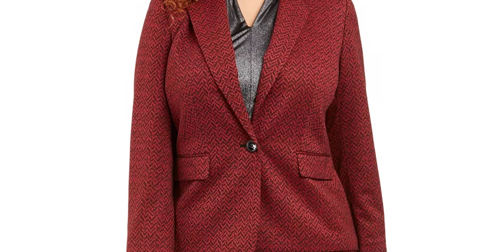 Nine West Women's Plus Size One-Button Jacquard Blazer Wine Size 18W