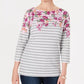 Karen Scott Women's Petite Floral Striped Boat-Neck Top Gray/White Size Medium