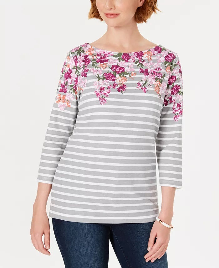 Karen Scott Women's Petite Floral Striped Boat-Neck Top Gray/White Size Medium