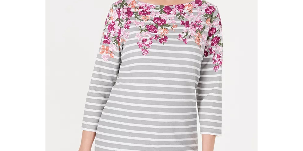 Karen Scott Women's Petite Floral Striped Boat-Neck Top Gray/White Size Medium