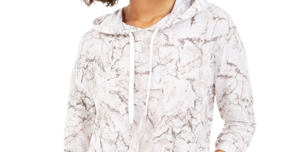 Bar III Women's Marble-Print Pullover Hoodie White Size XX-Large
