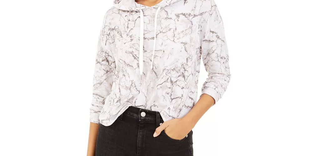 Bar III Women's Marble-Print Pullover Hoodie White Size Small