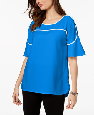 Alfani Women's Piped Flutter-Sleeve Top Blue Size Small