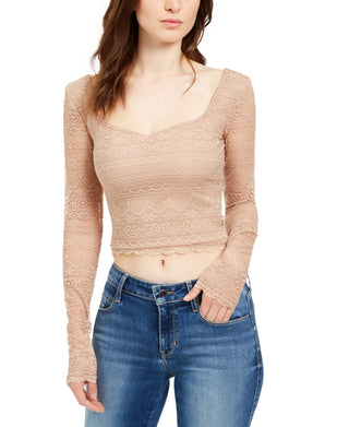 Guess Women's Fitted Cropped Lace Top Green Size Large
