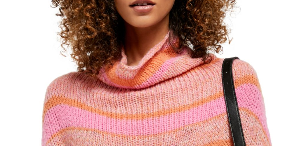 Free People Women's Orange Striped Long Sleeve Turtle Neck Tunic Sweater Pink Size Large