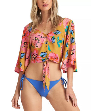 Billabong Women's Sun Creek Tie Hem Crop Top Yellow/Pink  Size Large