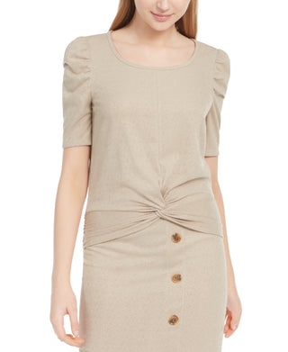 BCX Juniors' Puff-Sleeve Twist-Front Top Beige Size X-Small