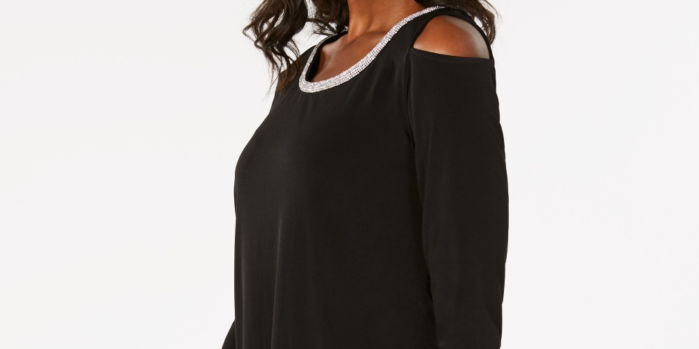 JM Collection Women's Embellished Cold Shoulder Top Black Size PS