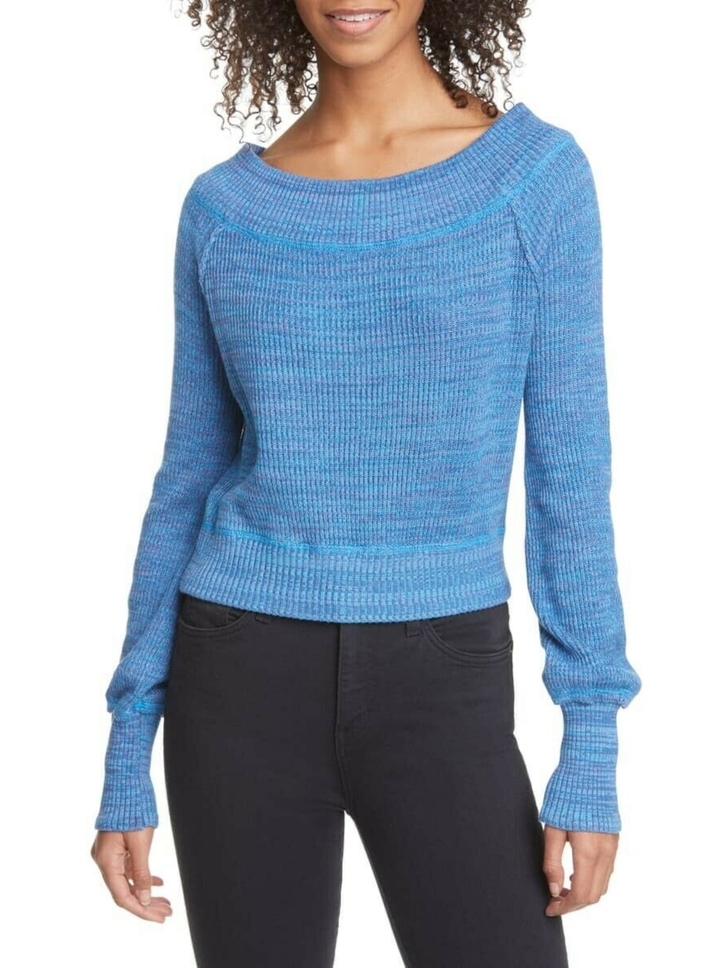 Free People Women's Printed Long Sleeve Jewel Neck Sweater Blue Size Small