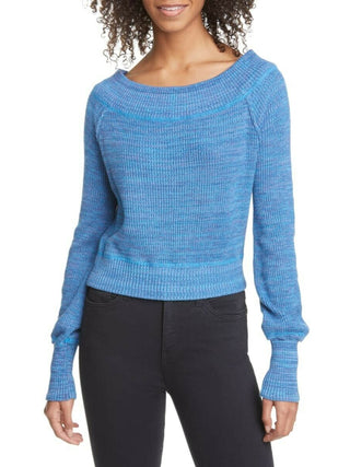 Free People Women's Printed Long Sleeve Jewel Neck Sweater Blue Size Small