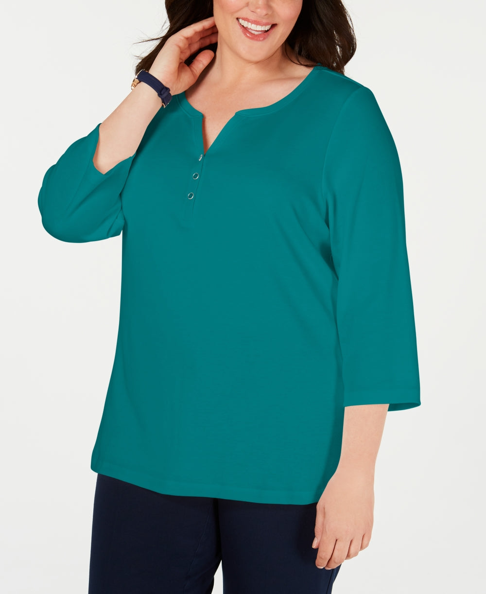 Karen Scott Women's Plus Cotton Split-Neck Top Green Size 0X