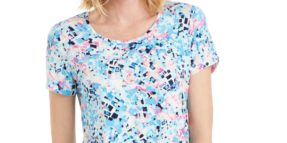 JM Collection Women's Printed Scoop Neck T-Shirt Blue Size X-Large