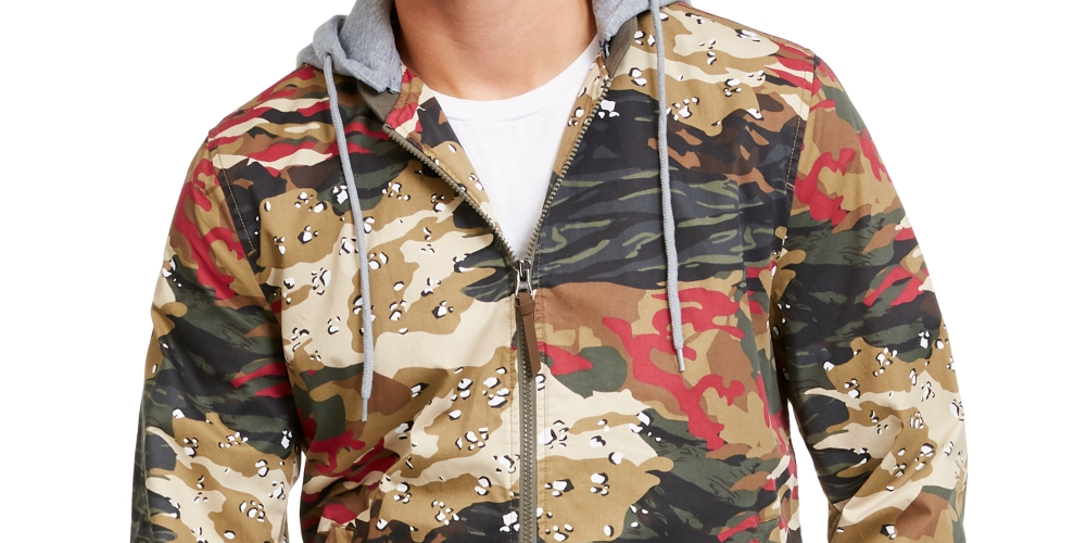 American Rag Men's Juxtaposed Camo Bomber Hoodie Beige Size X-Large