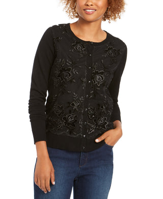 Charter Club Women's Sequined Button Sweater Black Size Small