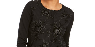 Charter Club Women's Sequined Button Sweater Black Size Small