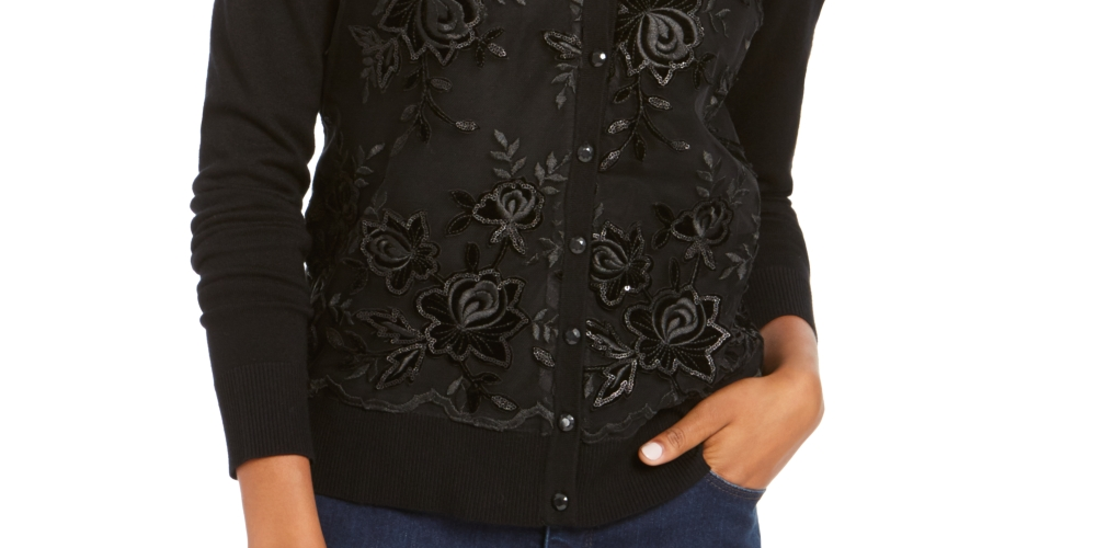 Charter Club Women's Sequined Button Sweater Black Size Small