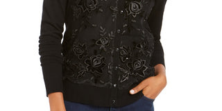 Charter Club Women's Sequined Button Sweater Black Size Small