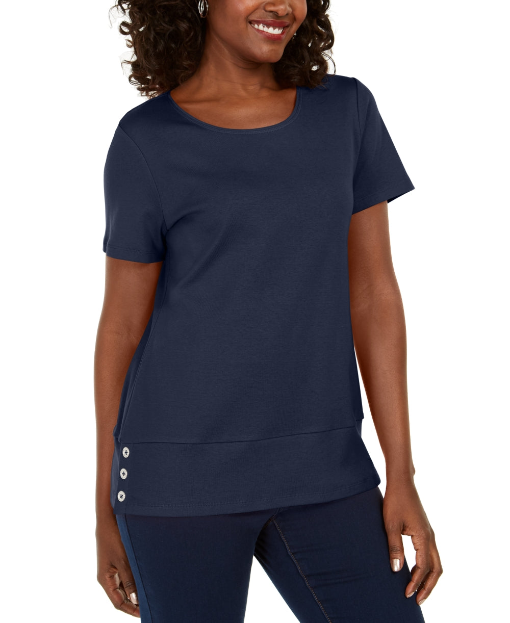 Karen Scott Women's Button Hem Scoop Neck Cotton Top Blue Size Medium