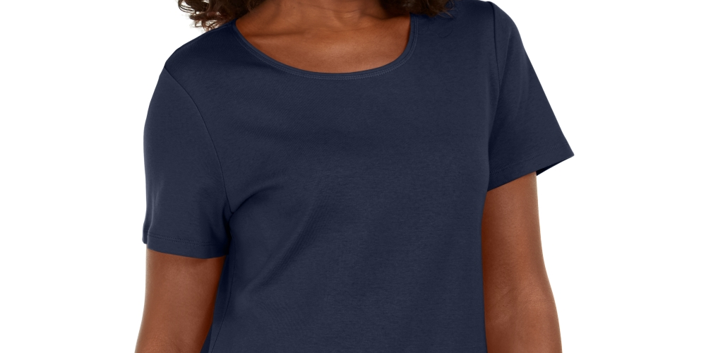 Karen Scott Women's Button Hem Scoop Neck Cotton Top Blue Size Medium