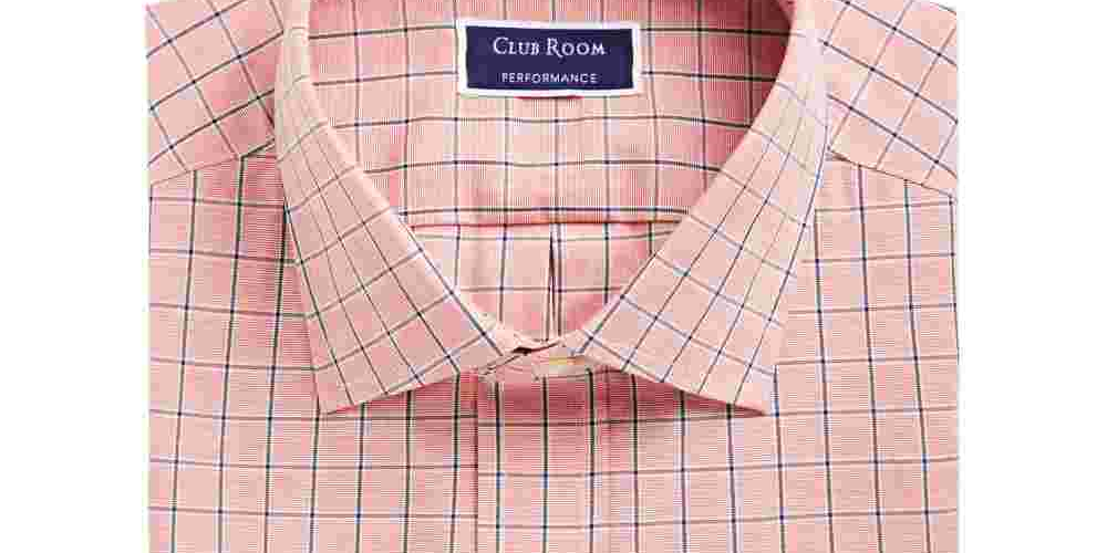 Club Room Men's Dress Shirt Performance Windowpane Orange Size 17 1/2