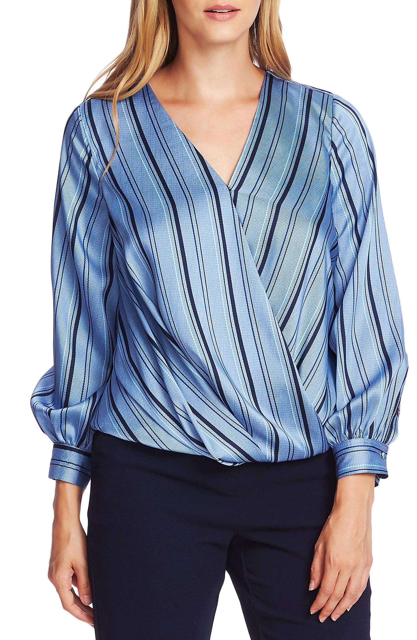 Vince Camuto Women's Striped Office Wear Wrap Top Blue Size Medium