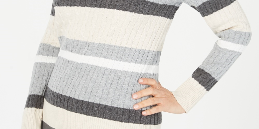 Karen Scott Women's Petite Cotton Striped Cable-Knit Sweater Gray Size  Petite XL
