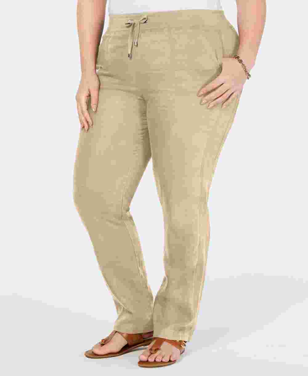 Tommy Hilfiger Women's Plus Linen Slim Leg Pants Brown Size 18W