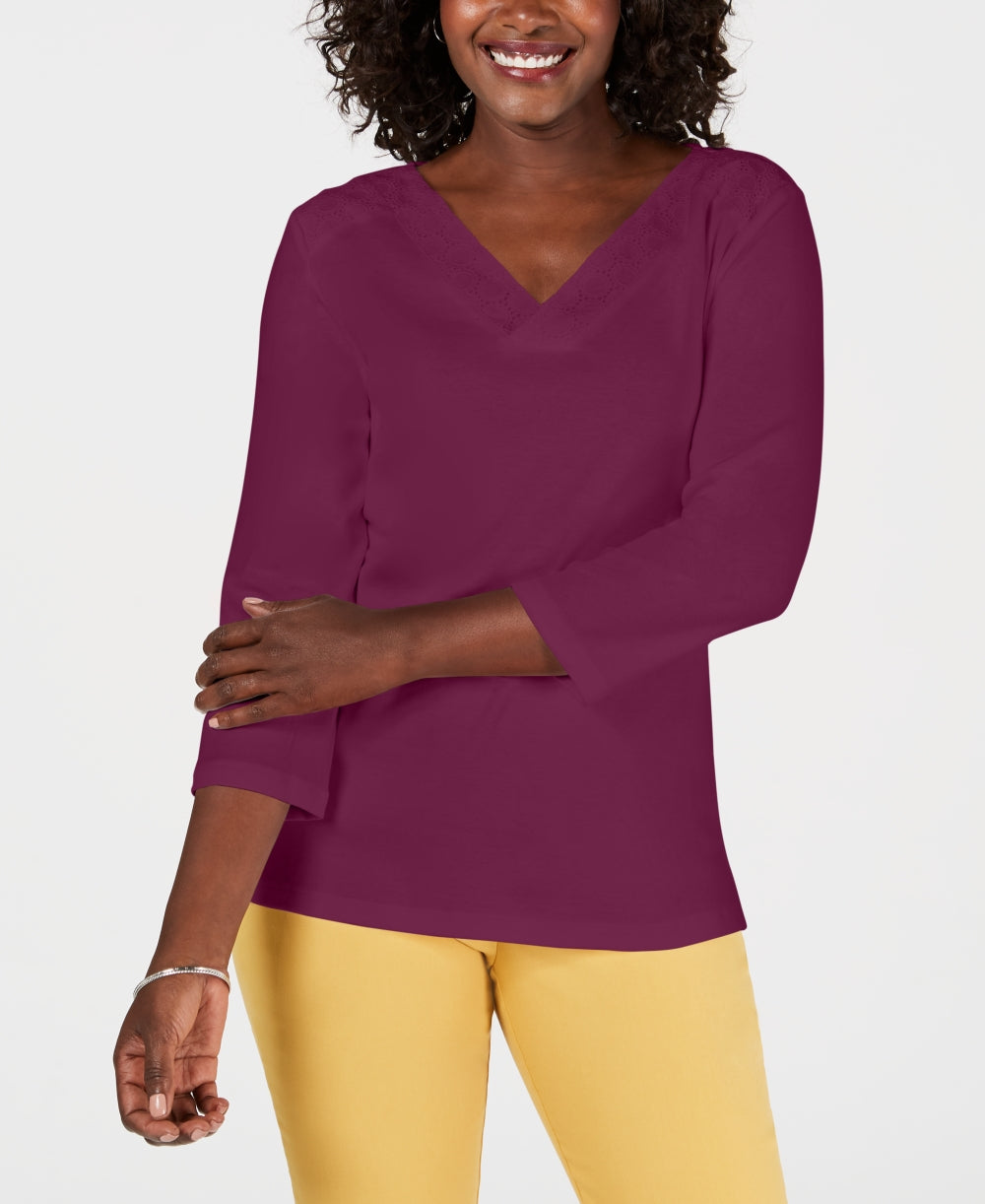 Karen Scott Women's Eyelet Trim Top Purple Size Small