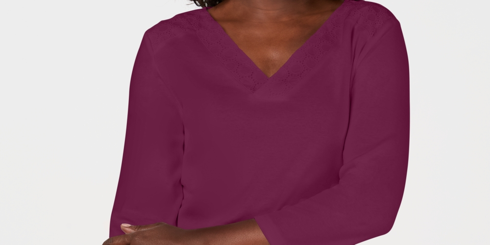 Karen Scott Women's Eyelet Trim Top Purple Size Small