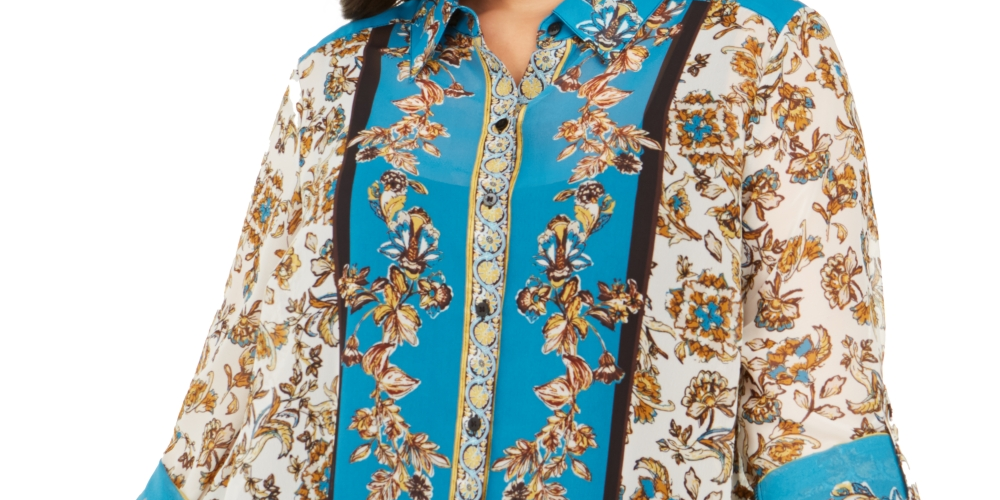 INC International Concepts Women's Plus Scarf-Print Top Blue Size 0X