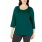 Karen Scott Women's Plus 3/4 Sleeve Round Neck Top Green Size 0X