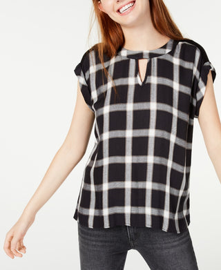 BCX Juniors' Plaid Woven-Front Cutout Blouse Black Size X-Small