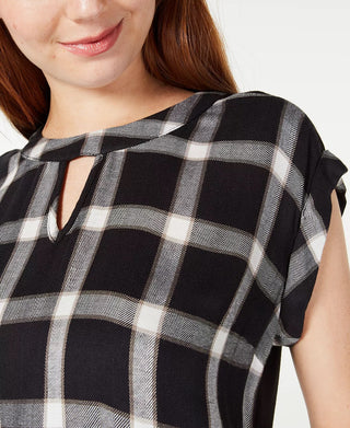 BCX Juniors' Plaid Woven-Front Cutout Blouse Black Size X-Small