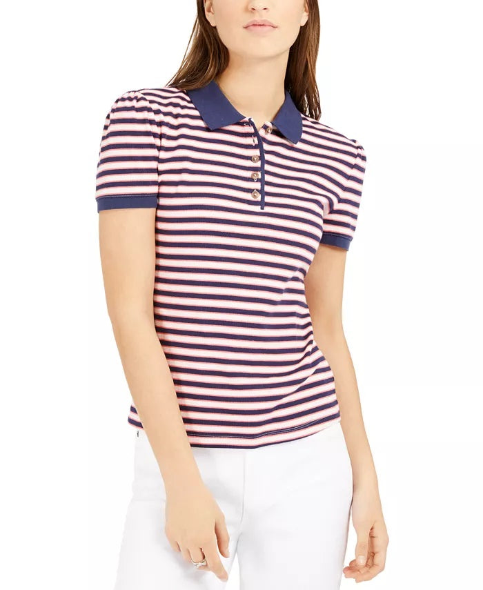 Maison Jules Women's Striped Polo Shirt White Size X-Large
