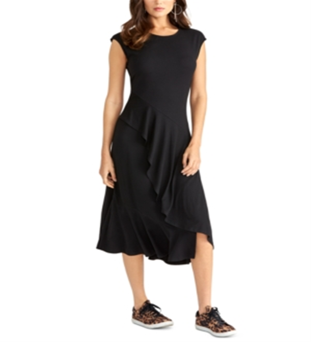 Rachel Roy Women's Ruffled Asymmetrical Midi Dress Black Size XXL