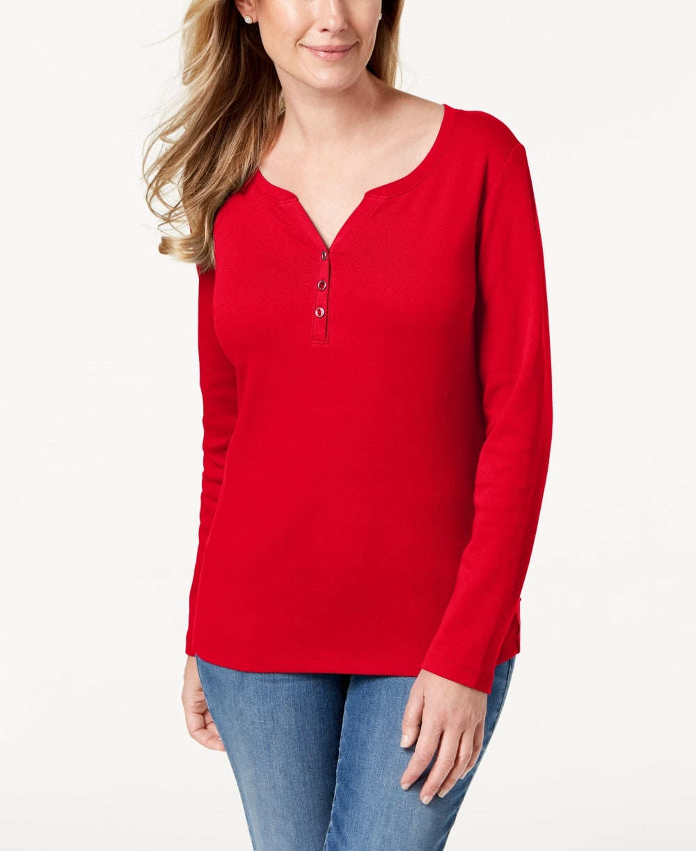 Karen Scott Women's Petite Cotton Henley-Neck Top Red Size Petite S