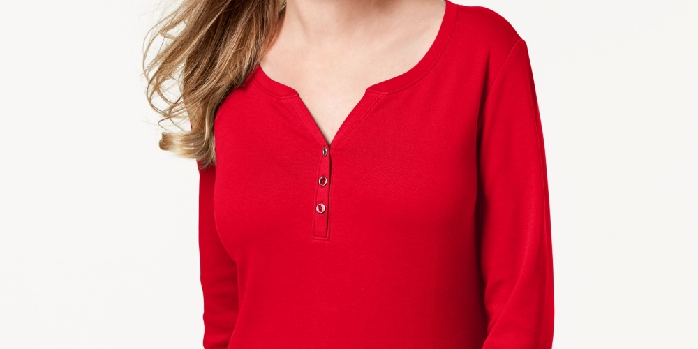 Karen Scott Women's Petite Cotton Henley-Neck Top Red Size Petite S