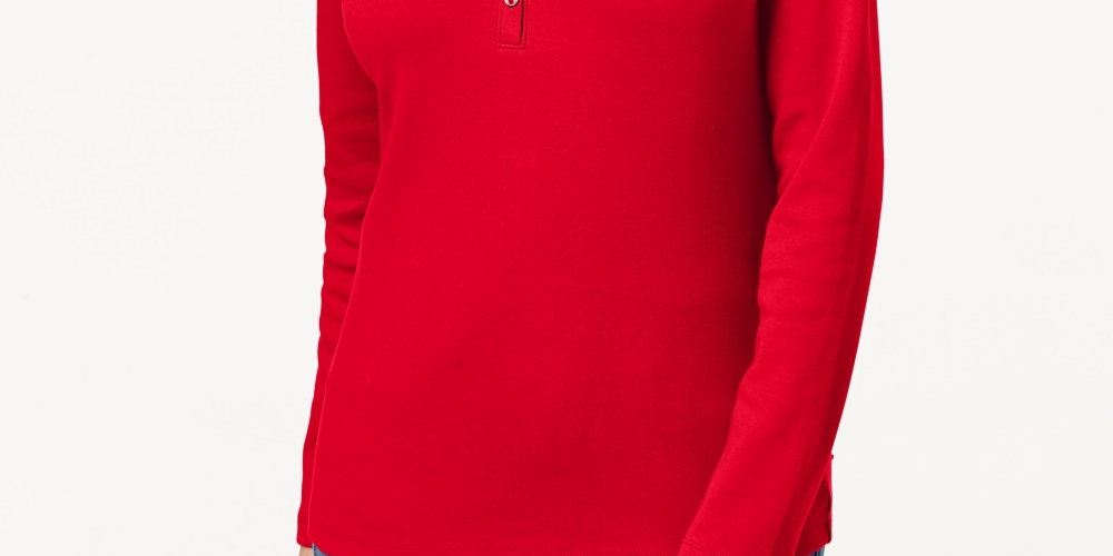 Karen Scott Women's Petite Cotton Henley-Neck Top Red Size Petite S