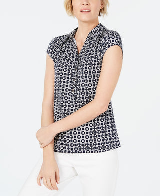 Charter Club Women's Short Sleeve Printed Polo Top  Blue Size Small