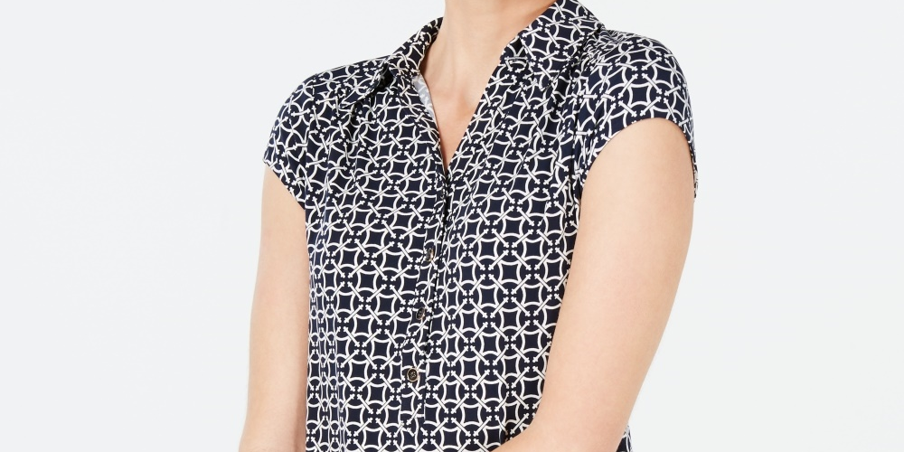 Charter Club Women's Short Sleeve Printed Polo Top  Blue Size Small