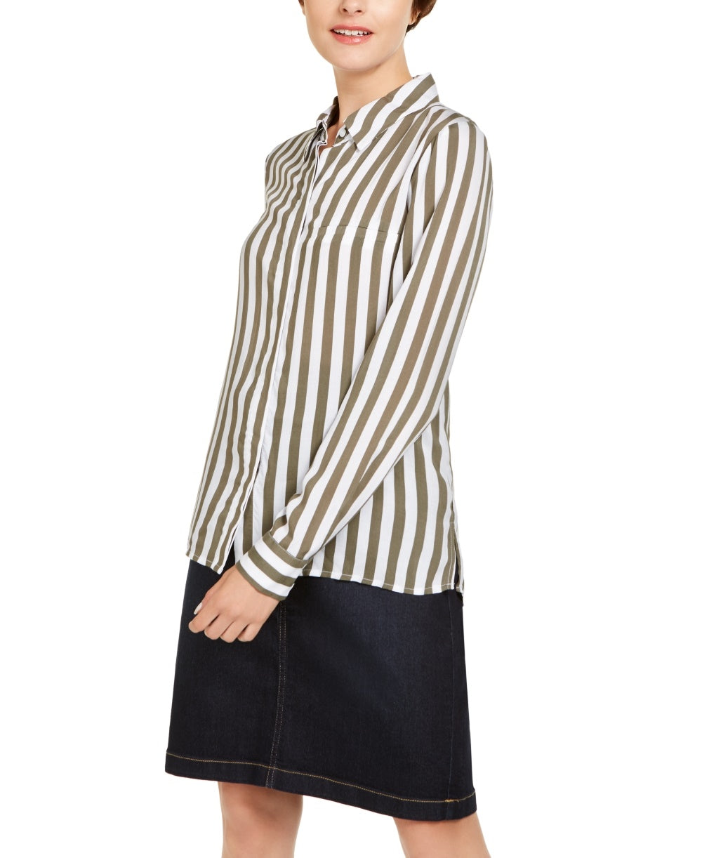 INC International Concepts Women's Striped Button Down Shirt Green Size X-Small