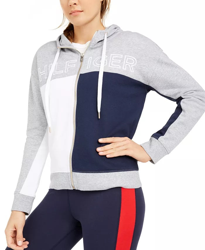 Tommy Hilfiger Women's Sport Colorblocked Zip Up Hoodie Silver Size Small