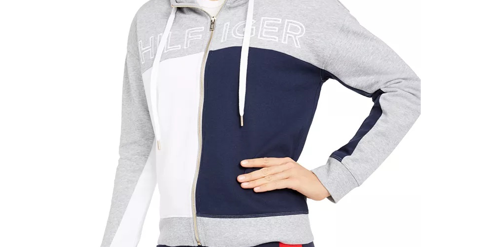 Tommy Hilfiger Women's Sport Colorblocked Zip Up Hoodie Silver Size Small