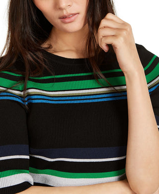 INC International Concepts Women's Metallic Striped Ribbed Sweater Black Size XS